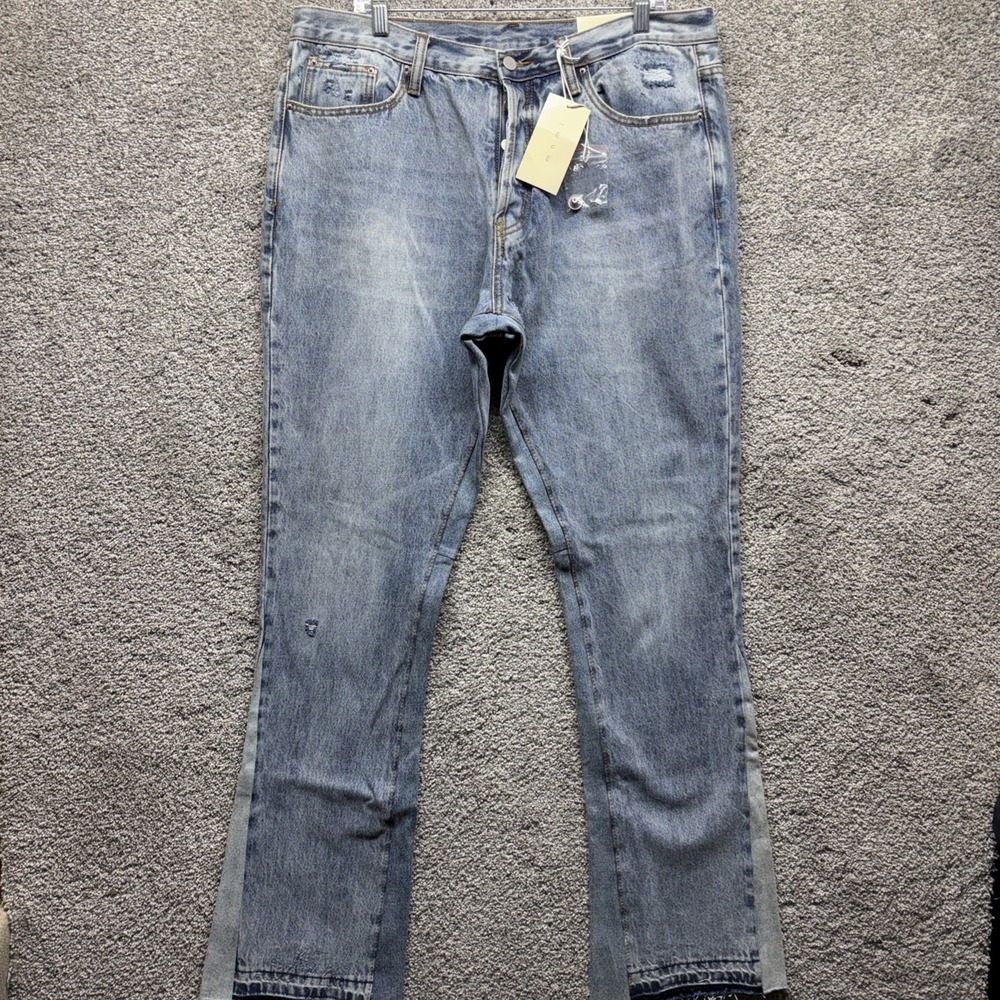 Mnml Jeans Mens 36x36 Blue Medium Wash Flare Contrast Panel Button Fly Denim NWT